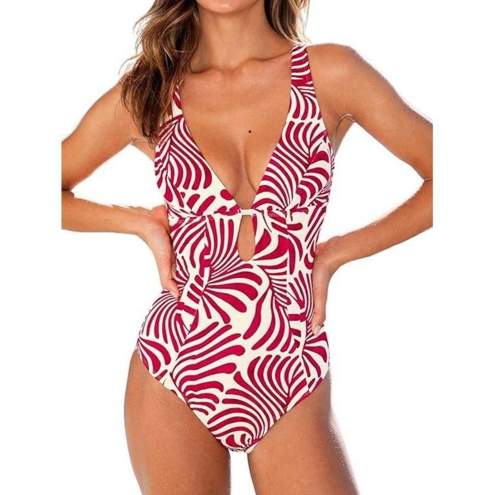 Cupshe Pink White Abstract Palm Print Cutout One Piece Swimsuit NWT Size Medium